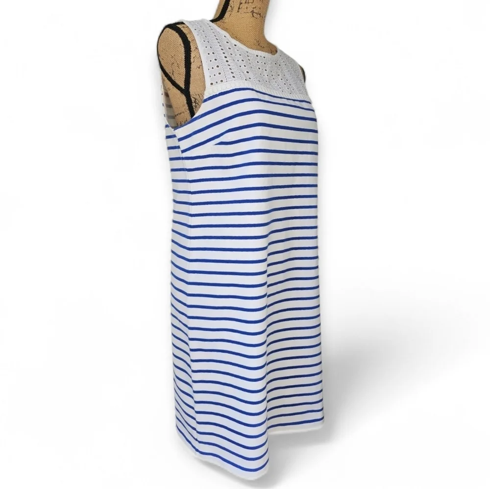 J. Crew Sleeveless Blue and White Striped Cotton Dress With Eyelet Lace Yoke, S